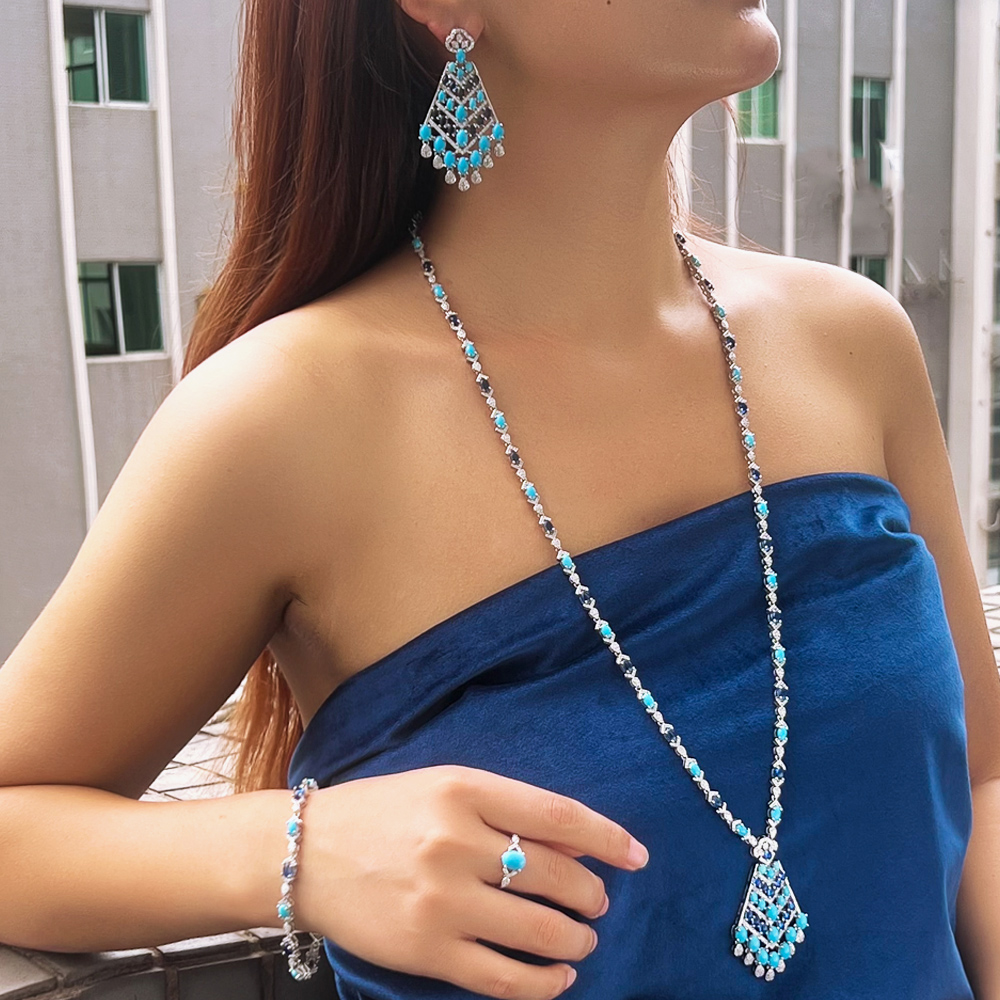 Ethnic Fashion In Dubai - สร้อยคอระย้าประดับเพชร CZ สีฟ้าเทอร์ควอยซ์ ดีไซน์หรูหรา 4 ชิ้น