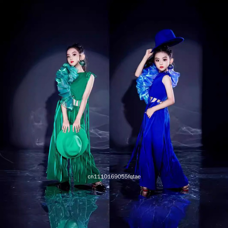 Ethnic Fashion Runway - ชุดแฟชั่นเด็กผู้หญิงสไตล์ชาติพันธุ์สำหรับงานเดินแบบ สีน้ำเงินเขียว ชุดกางเกงขายาว สำหรับฤดูร้อน แฟชั่นทันสมัย ชุดแคทวอล์คสำหรับเด็ก