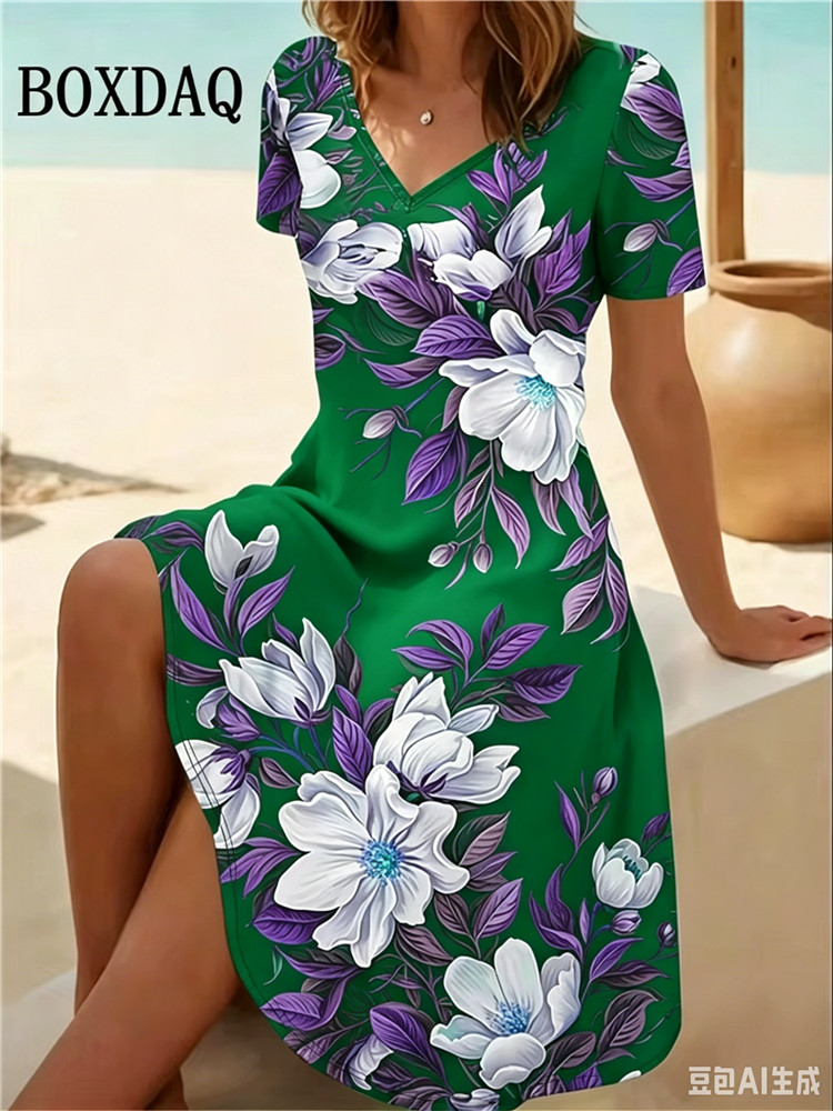 Ethnic Fashion Dress - 6XL พลัสไซส์ชุดเดรสผู้หญิงฤดูร้อนชายหาดลำลองเอ-ไลน์เดรสวินเทจโบโฮลายดอกไม้พิมพ์แขนสั้นคอวีหลวมเดรส เวสติโดส