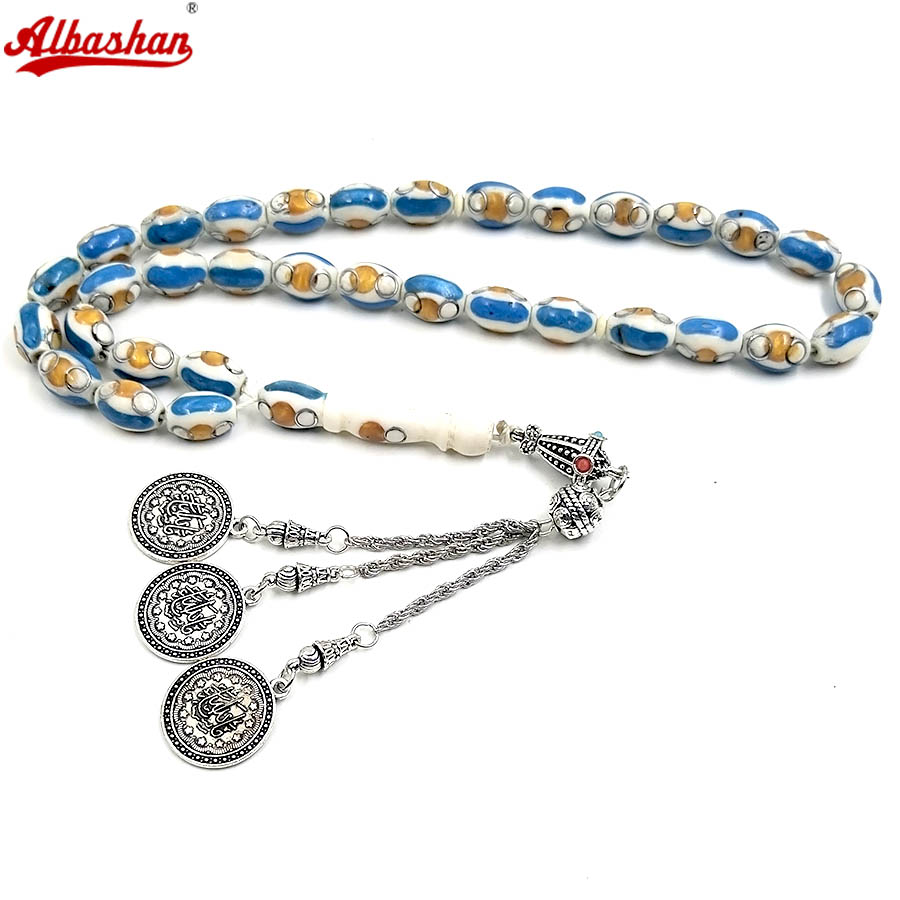 Ethnic Fashion Online - ลูกประคำกระดูกอูฐลายเส้นสีฟ้า 33 เม็ด สร้อยข้อมือมุสลิมทำมือ มิสบาฮ์ เครื่องประดับแฟชั่น