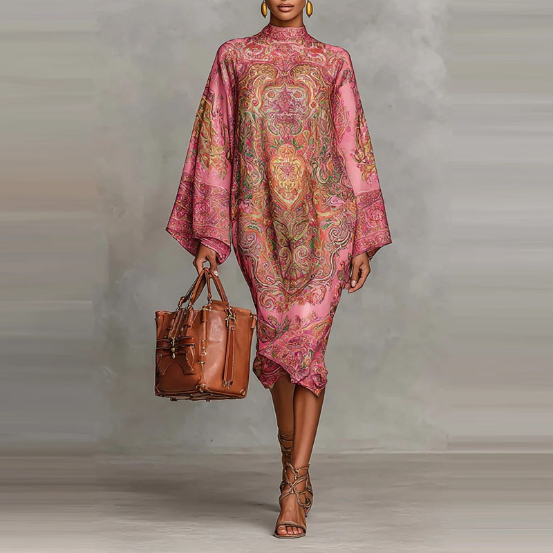 Ethnic Fashion Runway - เดรสลำลองสไตล์เอธนิคพิมพ์ลายสำหรับผู้หญิง แขนทรงกระดิ่ง คอสูงปานกลาง สไตล์แฟชั่นแบบรันเวย์ เหมาะสำหรับวันหยุด