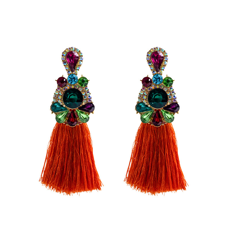 Ethnic Fashion Brand - ต่างหูคริสตัลประดับเพชรหลากสีสัน ดีไซน์แบรนด์ดัง ตกแต่งด้วยเพชรโลหะผสม ทรงระย้า สไตล์เรโทร โบฮีเมียน