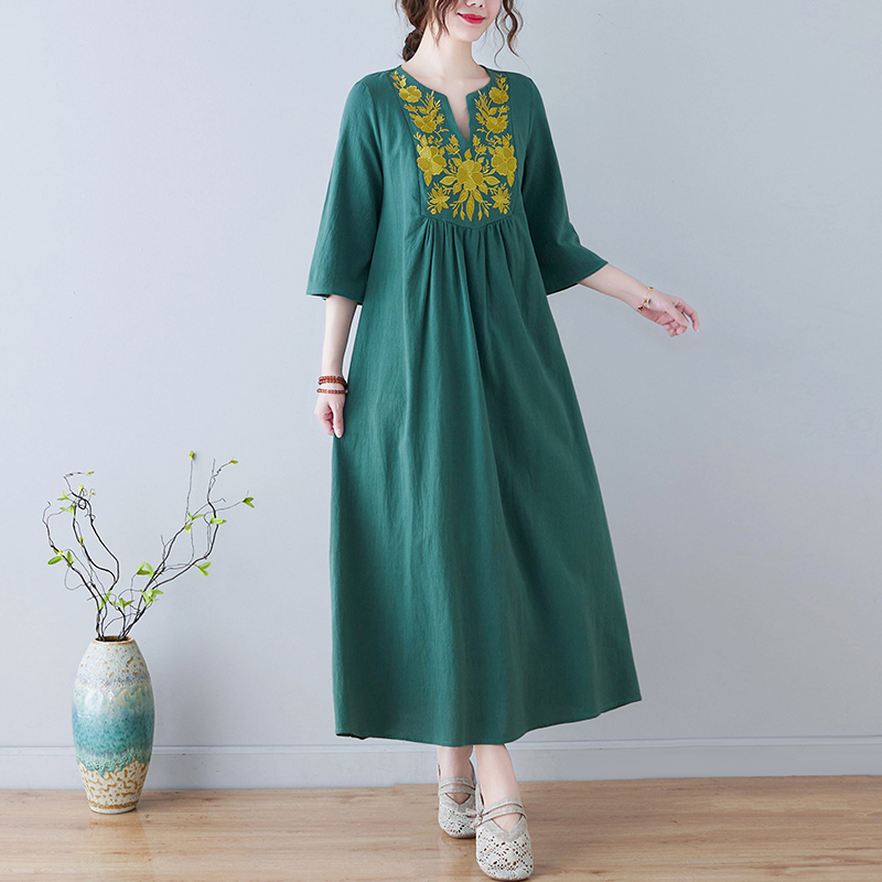 เดรสผ้าฝ้ายลินินปักลายสไตล์ชาต - Ethnic Fashion Dress บทวิจารณ์และราคา